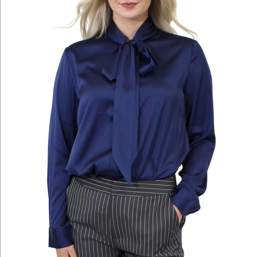 New Marc Defang Dark Blue Long Sleeve Bow Detail Sateen Blouse / Shirt / Top - S